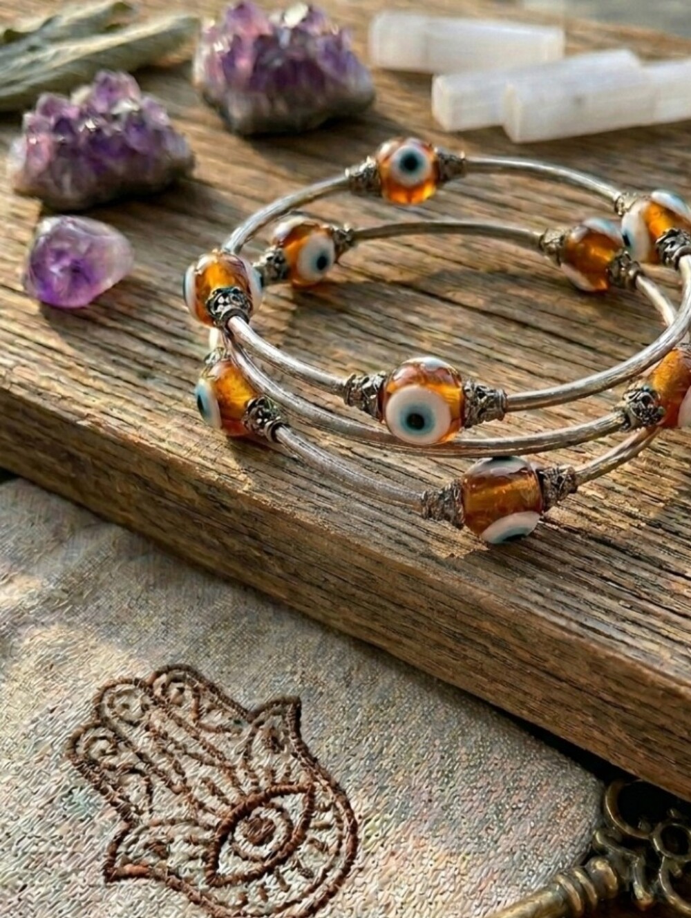 ​✨Boho Amber Evil Eye Wrap Bracelet - Delicate Leaf Charm Protection Jewelry🧿🍃